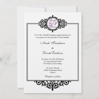 Convite Casamento de monograma vitoriano-branco-preto