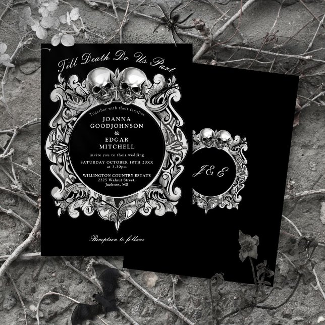 Convite Casamento de Monogramas até à morte de crânios gót (Till Death Gothic Skulls Monogram Wedding Invitation)