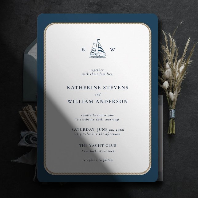 Convite Casamento de Monogramas brancos com Marinho de Fra (simple beach boat wedding invitation nautical rope white navy modern classic minimalist)