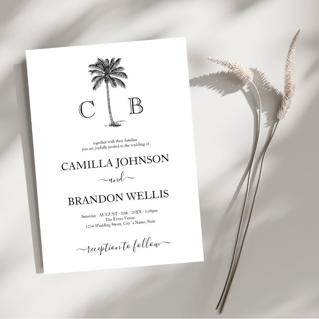 Convite Casamento de Monogramas de Palmeira Tropical Elega (Criador carregado)