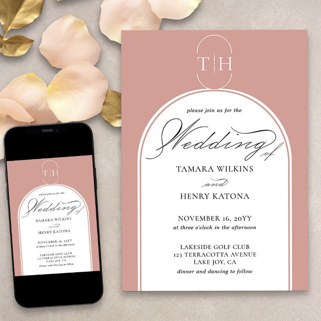 Convite Casamento de Monogramas Dourados com Rosa de Calig (Elegant monogrammed rose gold wedding invitation from my Wedding Colors collection)