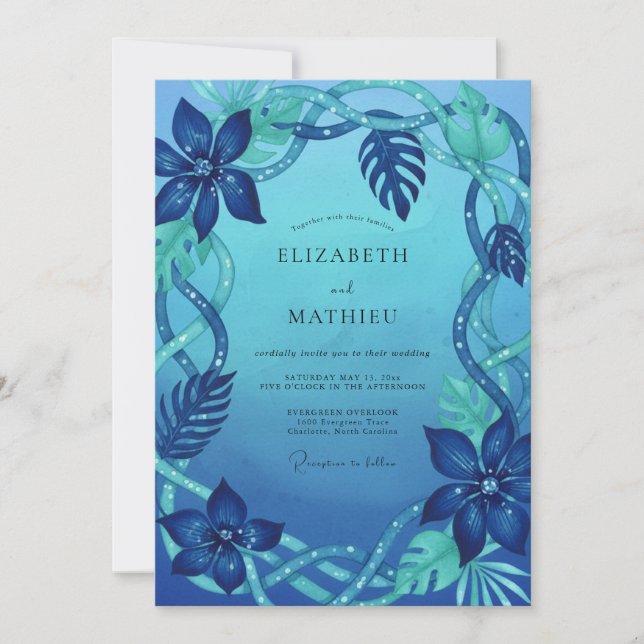 Convite Casamento de Monstera Eucalipto Tropical Ciano (Frente)