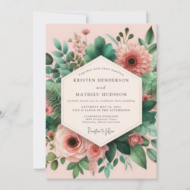 Convite Casamento de Montagem Botânica Rosa Verde (Frente)
