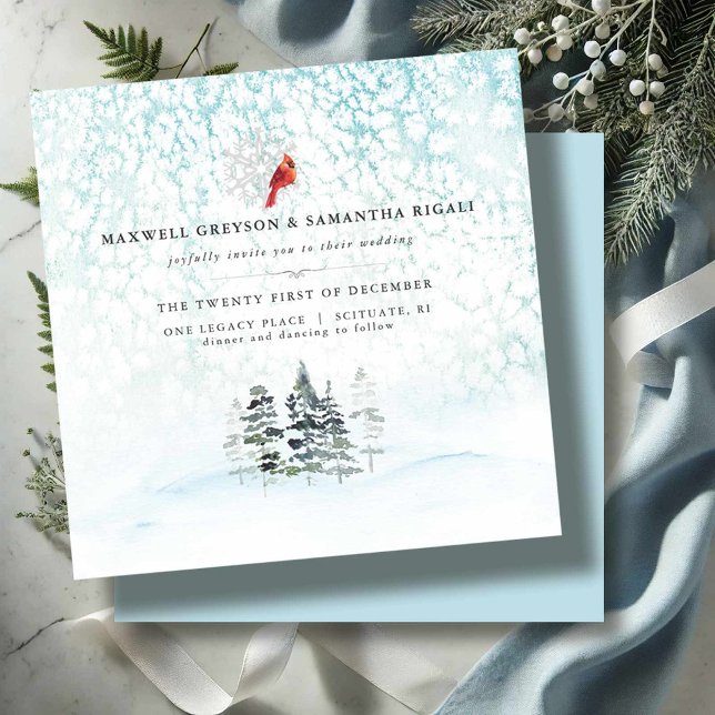 Convite Casamento de Montanha Elegante de Pinheiros de inv (Mountain wedding invitations elegant wintery scene with pine trees and a cardinal in shades of blue)