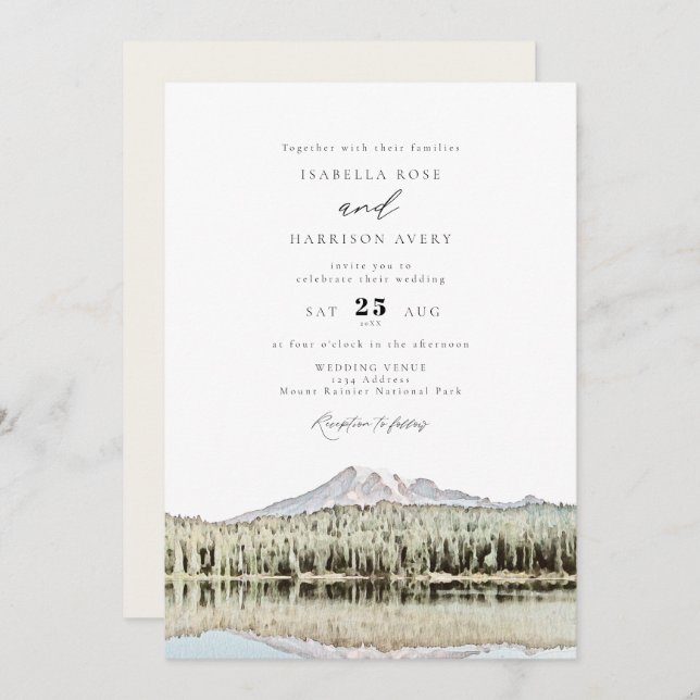 Convite Casamento de Montanha RAINIER Watercolor (Frente/Verso)