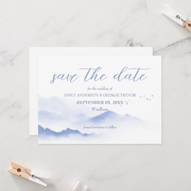 Convite Casamento de montanhas e pássaros azuis salvar a d (Frente/Verso In Situ)
