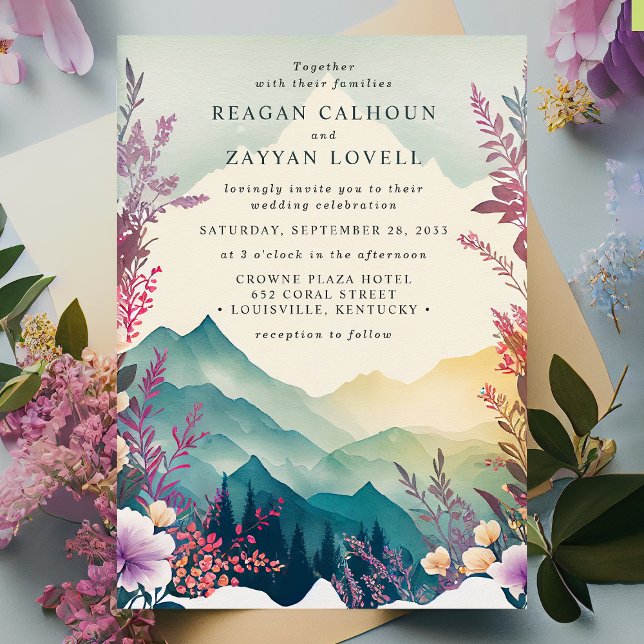 Convite Casamento de Montanhas Florais Primavera Aquarela (Criador carregado)