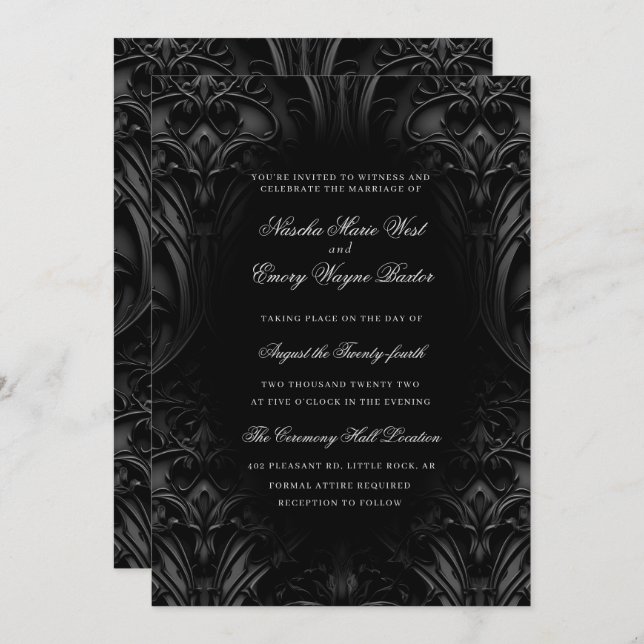 Convite Casamento de Moody Damask preto Elegante (Frente/Verso)