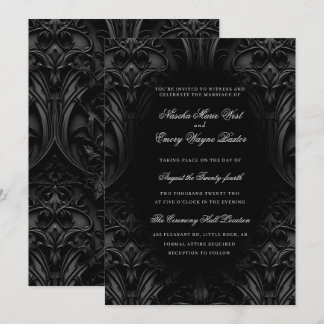 Convite Casamento de Moody Damask preto Elegante