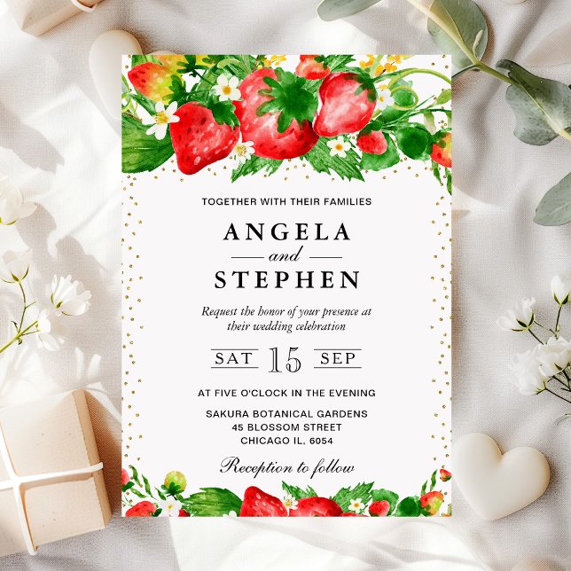 Convite Casamento de Morangos e Flores em Aquarela (Criador carregado)