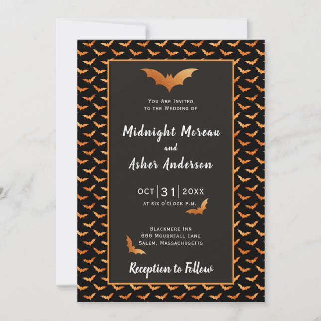 Convite Casamento de Morcego Laranja e Preto de Halloween (Frente)