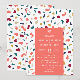 Convite Casamento de mosaico de mármore brilhante de coral