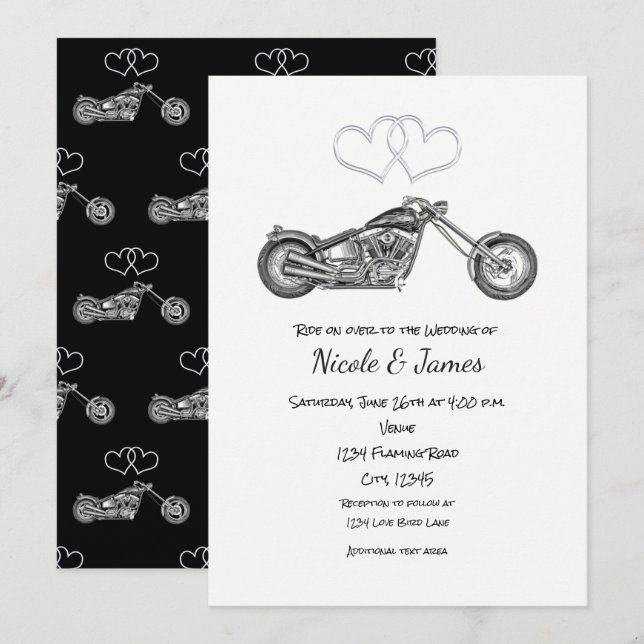Convite Casamento de Motocicleta Preto e Corações de Prata (Frente/Verso)