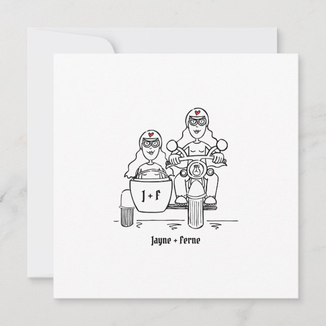 Convite Casamento de motocicletas e Sidecar com duas noiva (Frente)