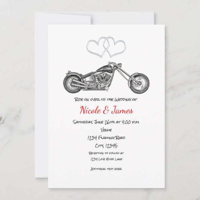 Convite Casamento de motoqueiro com motocicleta e corações (Frente)