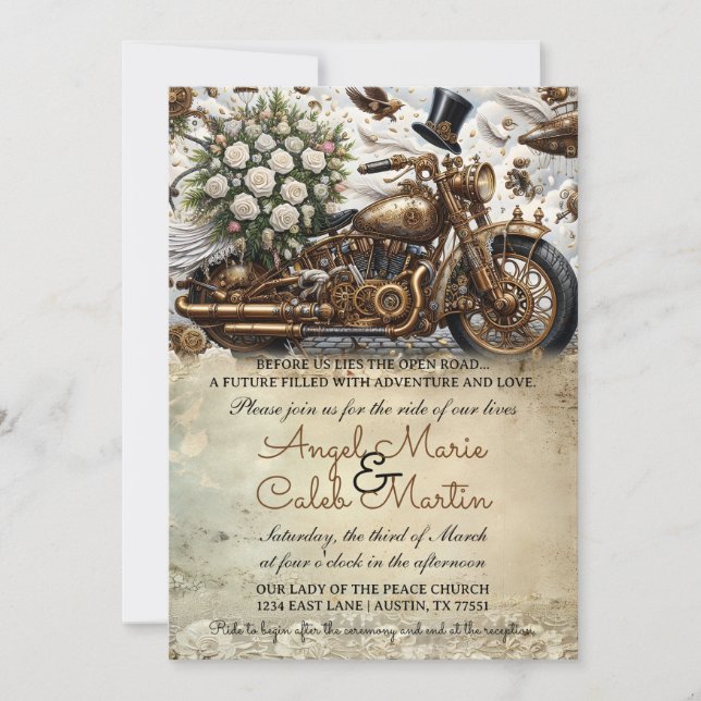 Convite Casamento de Motoqueiro Dourado Branco (Frente)