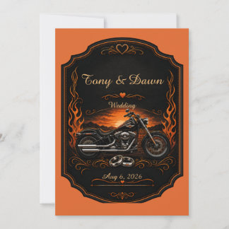 Convite Casamento de Motoqueiro Preto Laranja Motocicleta