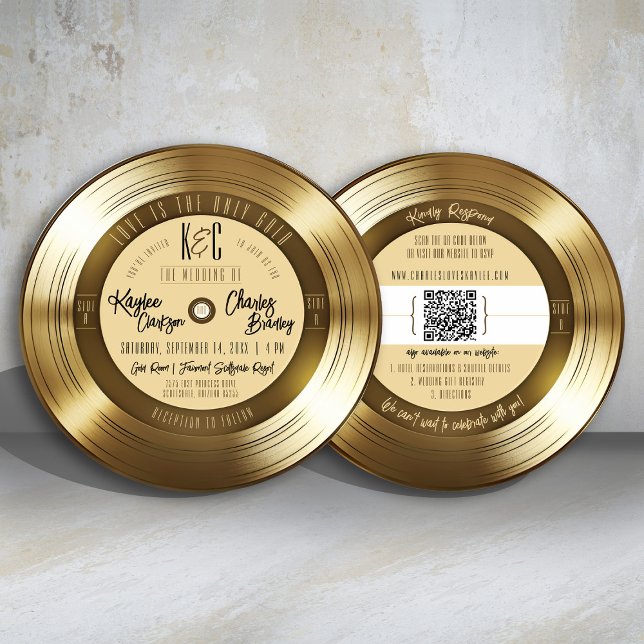 Convite Casamento de música com gravação monográfica Doura (Fun & Unique gold 45 vinyl record hit single song double-sided music theme round wedding invitation)