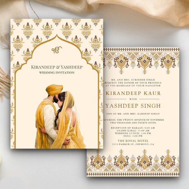 Convite Casamento de Mustard Yellow Cream Ikat Anand Karaj (Criador carregado)