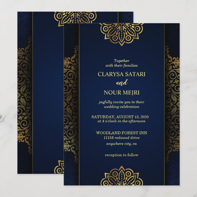 Convite Casamento de na moda azul de flores douradas (Frente/Verso)