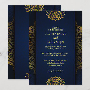 Convite Casamento de na moda azul de flores douradas