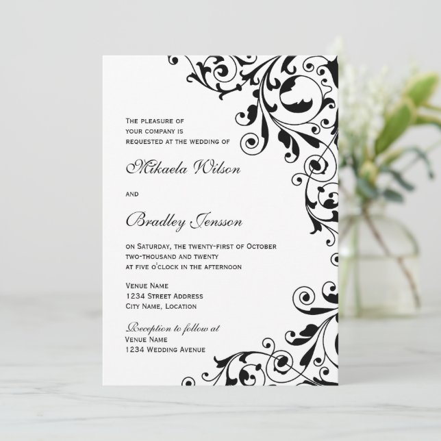 Convite Casamento de na moda Black and White Swirls (Em pé/Frente)