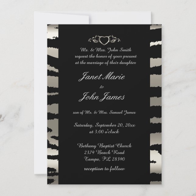 Convite Casamento de na moda em Bandas de Prata e Zebra Ne (Frente)