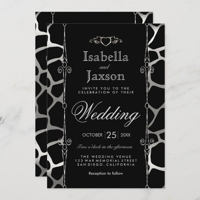 Convite Casamento de na moda em Silver e Negra Girafa Padr (Frente/Verso)