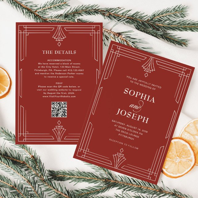 Convite Casamento de Natal Atemporal Vermelho | Código QR  (Criador carregado)