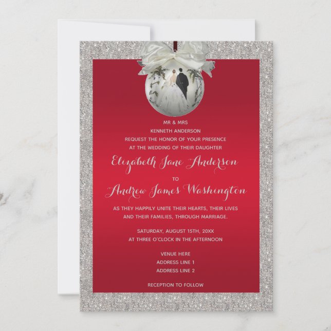 Convite Casamento de Natal Classy Ruby Red & Sparkly Baubl (Frente)