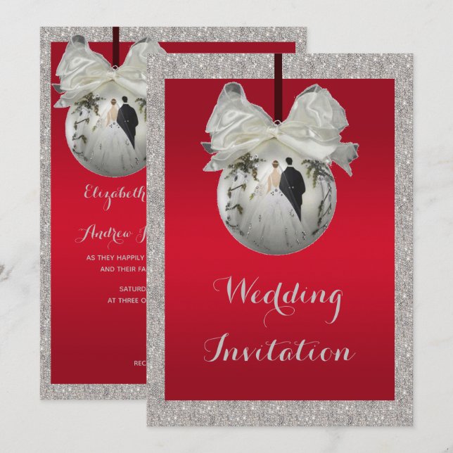 Convite Casamento de Natal Classy Ruby Red & Sparkly Baubl (Frente/Verso)