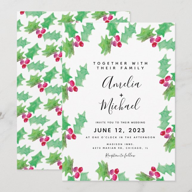 Convite Casamento de Natal com Aquarela de Folhas de Azevi (Frente/Verso)