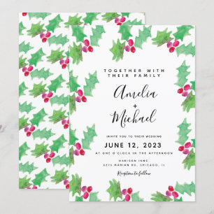 Convite Casamento de Natal com Aquarela de Folhas de Azevi