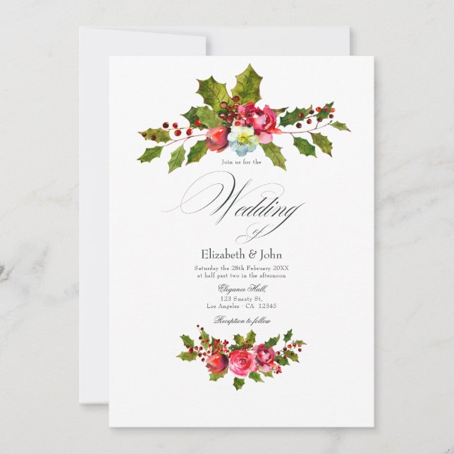 Convite Casamento de Natal com Azevinho e Hera com Rosas V (Frente)