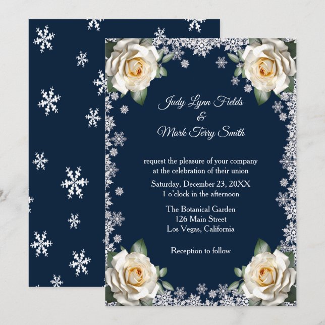Convite Casamento de Natal com Flocos de Neve e Rosas Bran (Frente/Verso)