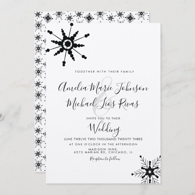 Convite Casamento de Natal com Flocos de Neve Pretos de Sc (Frente/Verso)