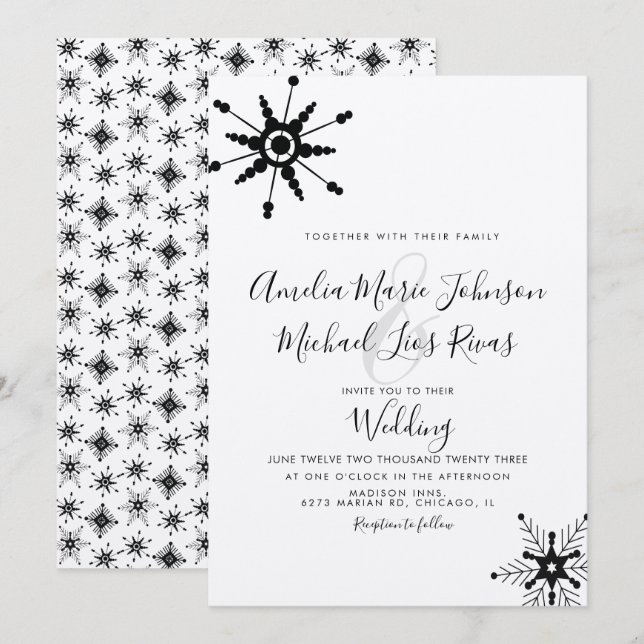 Convite Casamento de Natal com Flocos de Neve Pretos em Le (Frente/Verso)