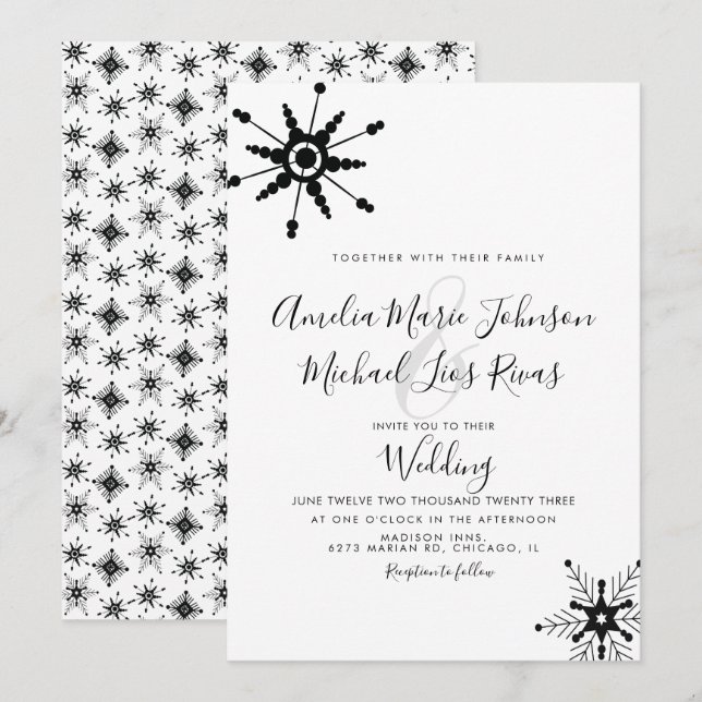 Convite Casamento de Natal com Flocos de Neve Pretos em Le (Frente/Verso)