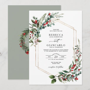 Convite Casamento de Natal com Folhagem de Inverno e Bagas