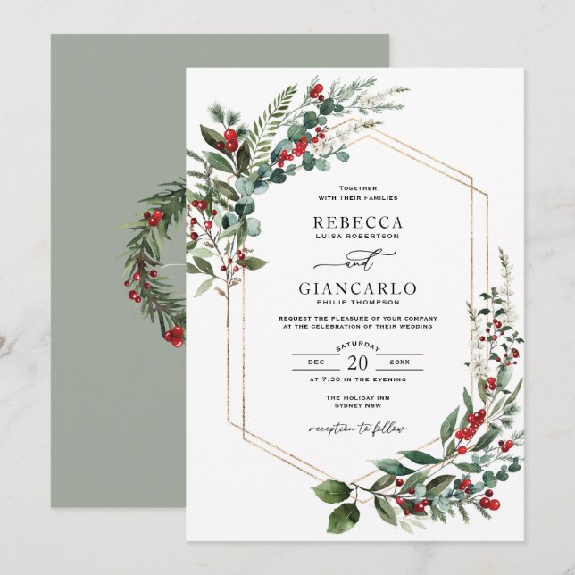 Convite Casamento de Natal com Folhagem de Inverno e Bagas (Frente/Verso)