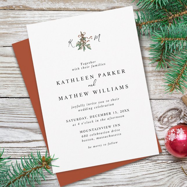 Convite Casamento de Natal com iniciais de visco simples (Mistletoe Initials Holiday Wedding Invitation)