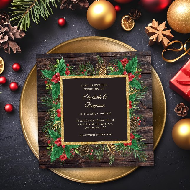 Convite Casamento de Natal com Madeira Rústica Preta Doura (Criador carregado)