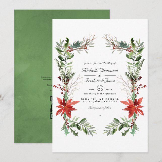 Convite Casamento de Natal com QR Code para RSVP em Bosque (Frente/Verso)