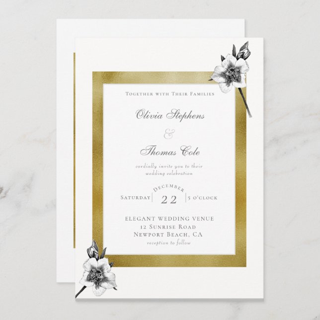 Convite Casamento de Natal com Script de Quadro Dourado de (Frente/Verso)