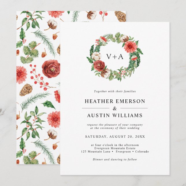 Convite Casamento de Natal com Vegetação de Férias (Frente/Verso)