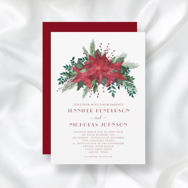 Convite Casamento de Natal da Poinsettia Vermelha Elegante (Criador carregado)