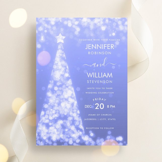 Convite Casamento de Natal de Árvore Azul Festiva Moderna (Modern Festive Blue Tree Christmas Wedding Invitation)