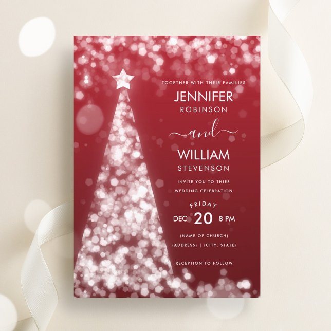 Convite Casamento de Natal de Árvore de Prata Vermelha Fes (Modern Festive Red Silver Tree Christmas Wedding Invitation)