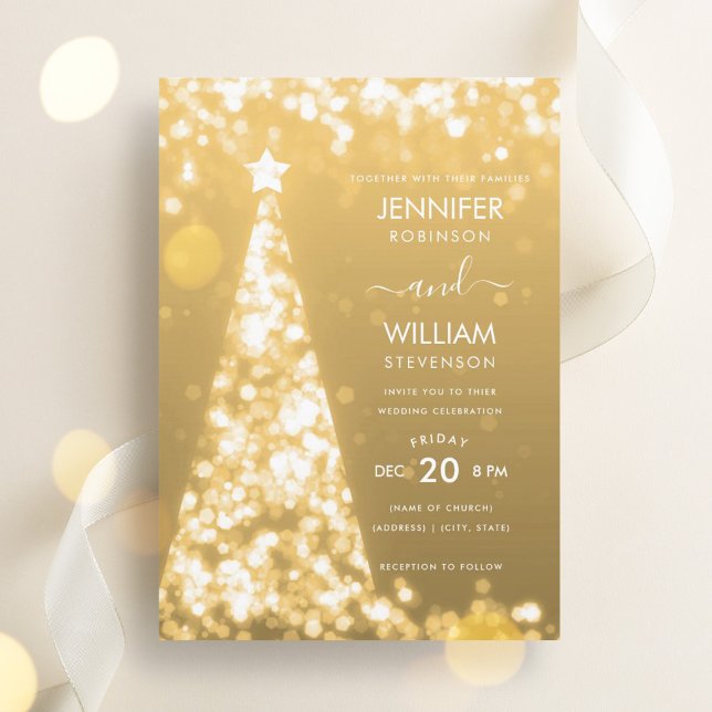 Convite Casamento de Natal de Árvore Dourada Festiva Moder (Modern Festive Gold Tree Christmas Wedding Invitation)