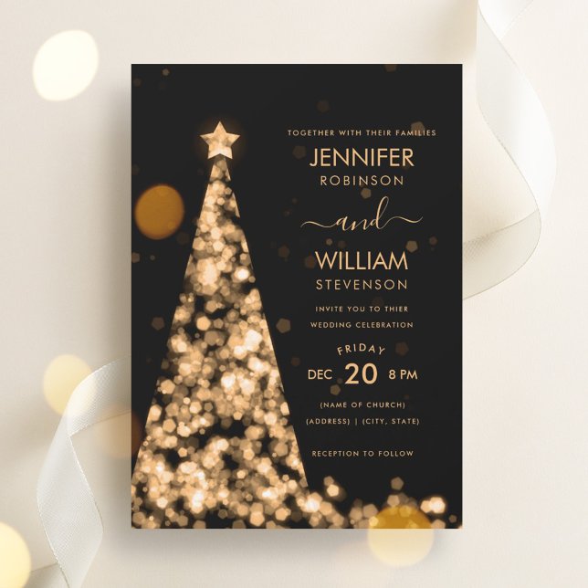 Convite Casamento de Natal de Árvore Dourada Festiva Moder (Modern Script Festive Gold Tree Christmas Wedding Invitation)